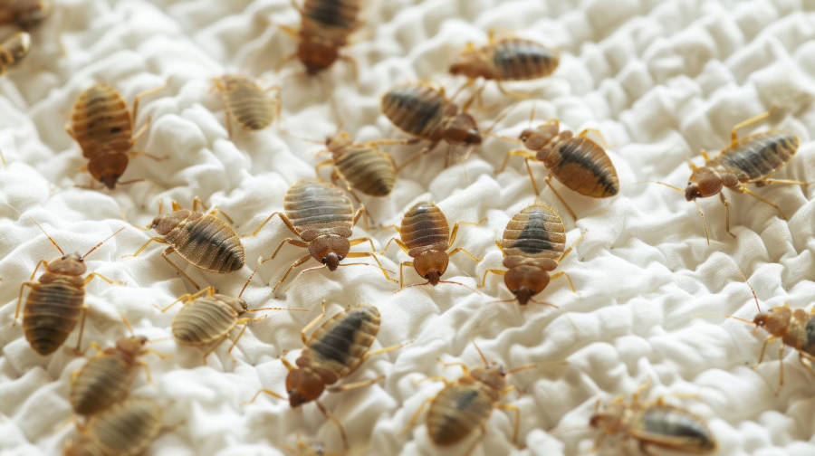 Gros plan d'une colonie de punaises de lit adultes sur un tissu matelassé blanc
